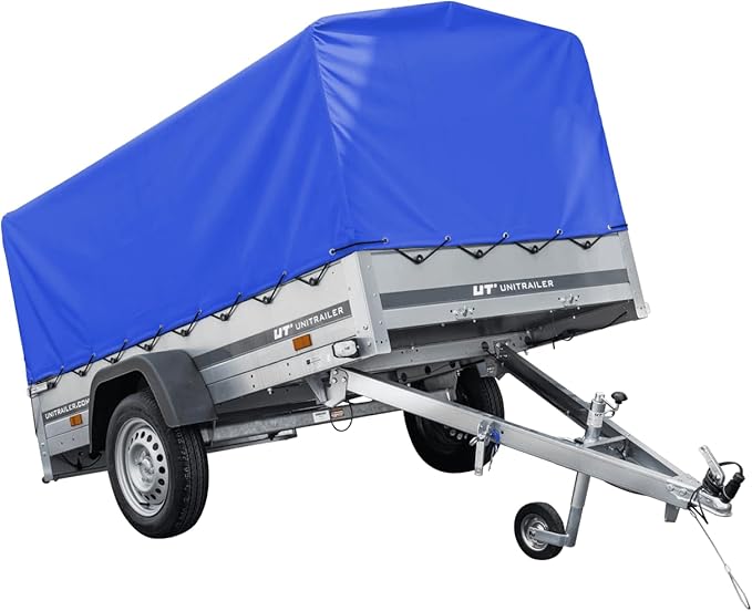 UNITRAILER PKW-Anhänger 230 x 125 cm – Garten-Anhänger 230, kippbar, 750 kg, mit Stützrad, blauer Plane und Hochspriegel